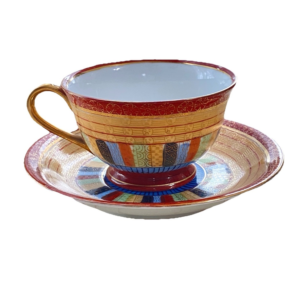 VTG Japanese Kutani Thousand Faces Handpainted Bone China Cup & Saucer Set Japan